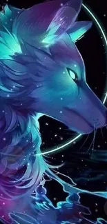 Mystical neon wolf in cosmic environment.