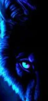 Neon mystical wolf with blue hues on dark background, perfect for mobile wallpaper.