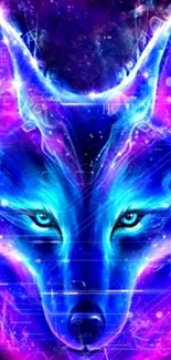 Neon wolf with glowing purple and blue cosmic background.