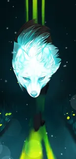 Neon wolf with glowing fur in a dark forest scene wallpaper.