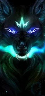 Neon glowing wolf face on black background wallpaper.