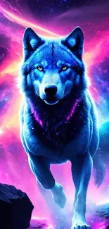 Mystical neon wolf in blue hues with a cosmic galaxy background.