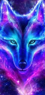 Mystical neon wolf with vibrant blue and purple colors creating a cosmic effect.