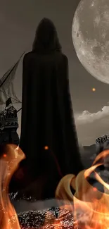 Hooded figure with ship under a full moon and flames in a mysterious night scene.