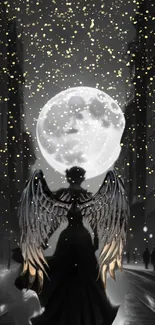 Ethereal angel with wings under a full moon, illuminated by golden sparkles.