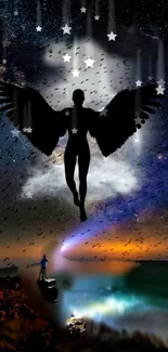 Silhouetted angel with stars in a mystical night sky scene.