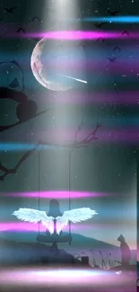 Angel on swing under moonlit sky, mystical wallpaper.