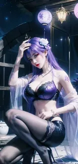 Ethereal anime character at night with purple hues and mystical ambiance.