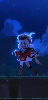 Anime character in red outfit under a starry night sky.