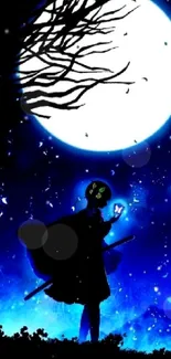 Anime silhouette under moonlit sky with tree and stars.