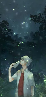 Anime character in a mystical forest with glowing fireflies at night.