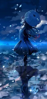 Enchanting anime night wallpaper with reflection and deep blue hues.