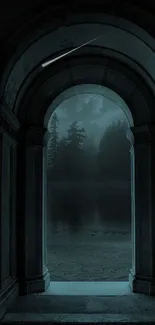 Mystical archway leading to a dark forest under a starry night sky.