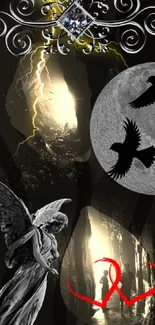 Mystical art wallpaper with angels, ravens, and moon.