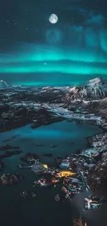 Enchanting aurora borealis over rugged mountains at night.