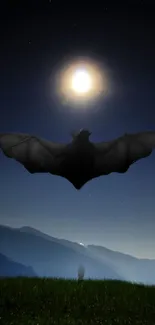 A bat flies under a full moon in a serene night sky wallpaper.