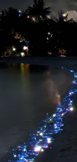 Mystical beach at night with glowing waves and moonlight.