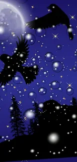 Silhouetted birds and bubbles in a mystical blue night sky wallpaper.