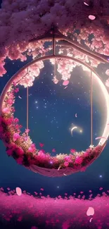 A magical floral swing in a cherry blossom night landscape.