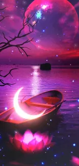 Moonlit boat on mystical night with purple hues and serene waters.