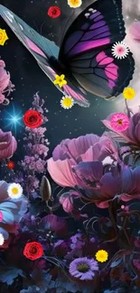 Vibrant butterfly with moonlit flowers in fantasy wallpaper.