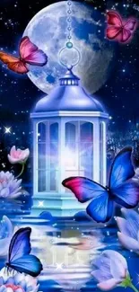 Vibrant butterflies flutter around a glowing lantern on a moonlit night.