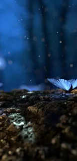 Blue butterflies in a mystical night setting on a forest floor.