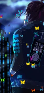 Mystical figure with butterflies in a cityscape at night.