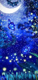 Mystical night scene with butterflies and moon.