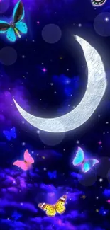 Mystical night wallpaper with moon and glowing butterflies.