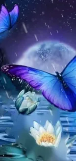 Fantasy wallpaper with blue butterflies and moonlit water.