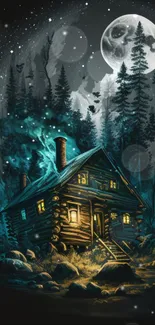 Mystical cabin under a full moon in a enchanted forest night scene.