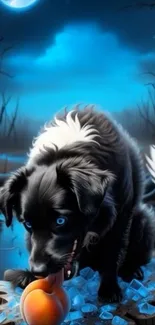 A mystical dog in a moonlit fantasy forest.