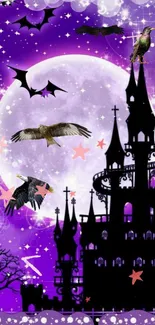 Gothic castle with full moon and purple night sky on mobile wallpaper.