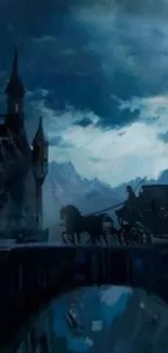 Mystical night scene with a castle and horse-drawn carriage under a dark sky.