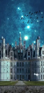 Enchanting night castle under starry sky wallpaper.