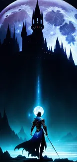 Hero facing castle under a full moon, with an enchanting deep blue sky.