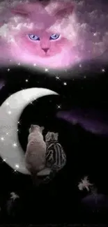 Dreamlike cat and moon scene with purple clouds.