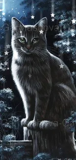 Mystical cat sitting under a starry night sky with a crescent moon.