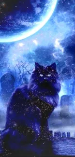 Mystical cat under a starry blue night sky.