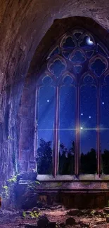 A mystical cathedral interior with a starry night view through large arched windows.