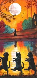 Cats dancing under a full moon with a witch silhouetted in the background.