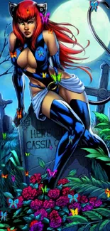 Fantasy catwoman in a moonlit graveyard with colorful roses.