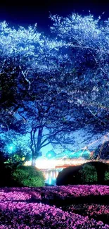 Nighttime cherry blossom scene with glowing trees and a vibrant blue sky.