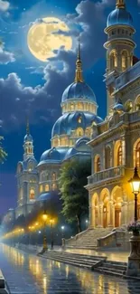Mystical cityscape at night with moonlit sky.
