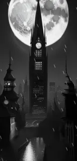 Gothic cityscape with a full moon and dark night sky.