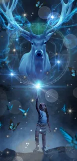 Girl reaches towards glowing mystical deer in starry night scene with blue butterflies.