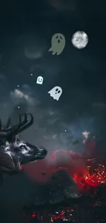 Mystical deer with ghosts under a night sky and city lights.