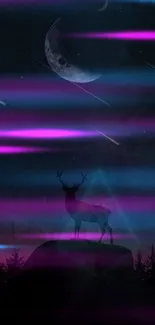 Silhouette of a deer under a starry night sky with neon streaks.