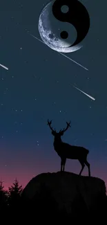 Deer silhouette with yin-yang moon and stars on a night sky wallpaper.